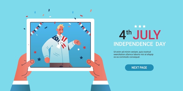 Vector hand using tablet chatting with guy celebrating, 4th of july independence day during video call horizontal copy space vector illustration