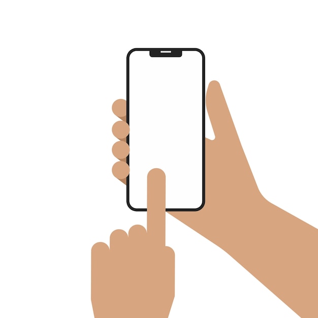 Hand van man met smartphone en wijzende vinger op het lege scherm app mock up vectorillustratie