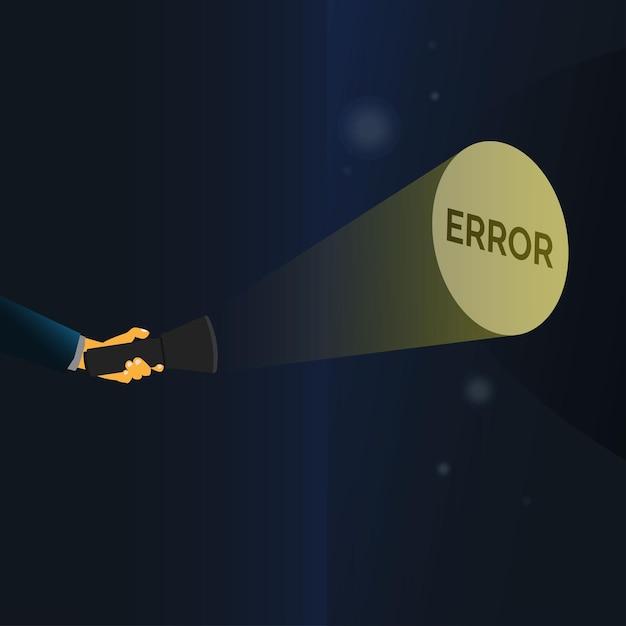 Hand van zakenman met zaklamp en woord van ERROR ontwerp vector illustratie