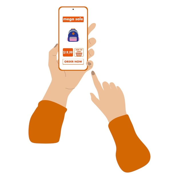 Hand vasthouden en aanraken van een smartphone met een koopknop op het scherm vector online kopen concept illustratie e-commerce flat design concept gebruik van een mobiele smartphone voor online aankopen