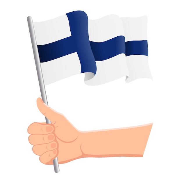 Vector hand vasthouden en zwaaien met de nationale vlag van finland fans onafhankelijkheidsdag patriottische concept vectorillustratie