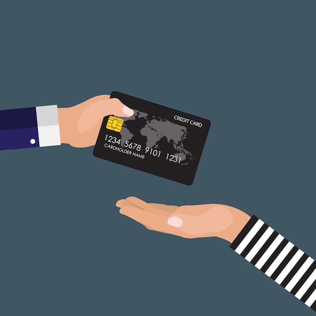 Vector hand of victim giving a credit card to robber.