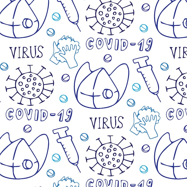 Hand wash hand drawn doodles seamless pattern. Protective measures background. Cartoon print design