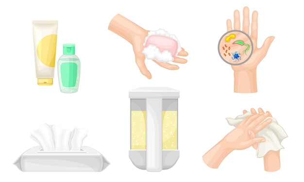 Hand Washing and Cleansing Using Bar of Soap and Soap Dispenser Vector Illustrations Set