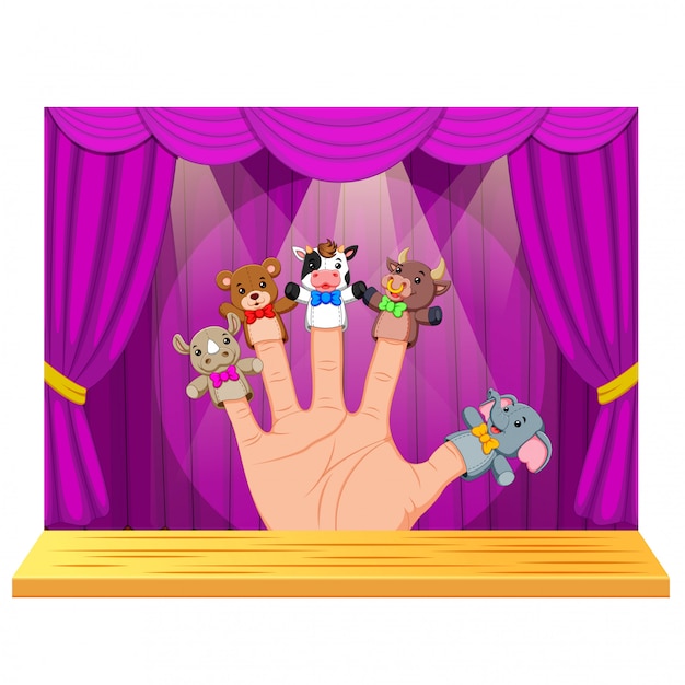 Hand wearing 5 finger puppets in the stage