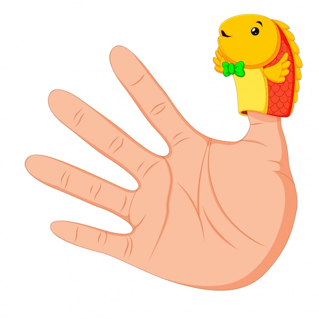 Hand wearing a cute fish finger puppet on thumb