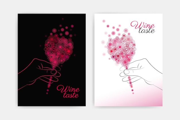 Mano e vino con disegno floreale concetto di vino aromatico e floreale