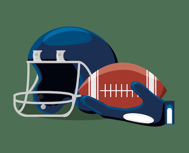 Vector hand with american football ball and helmet