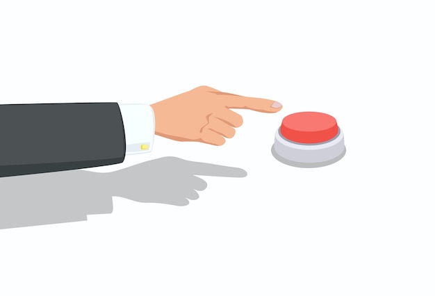 Vector hand with black sleeve and white shirt push the red button with a finger.