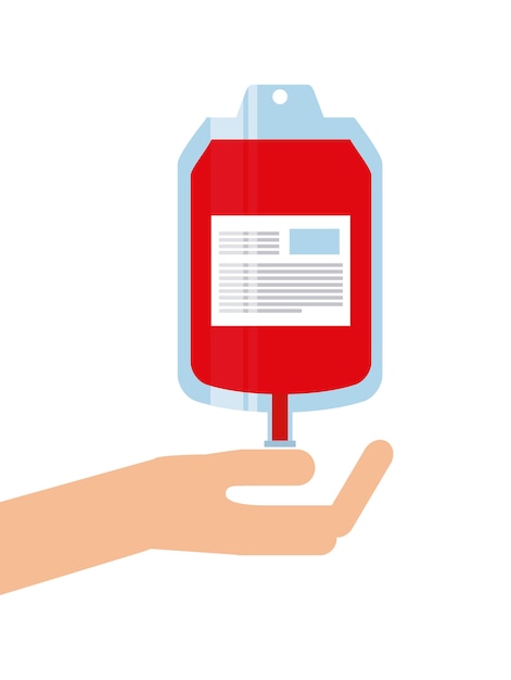 hand with blood bag icon over white background