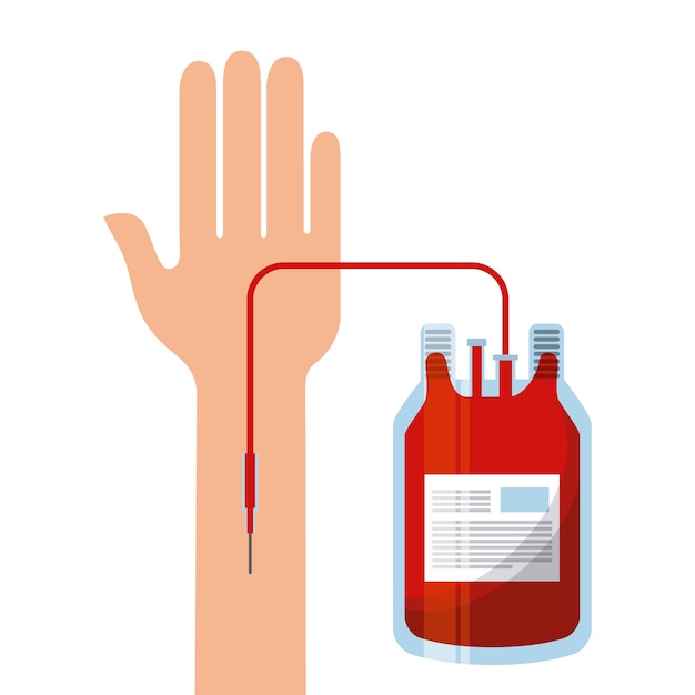 hand with blood bag over white background