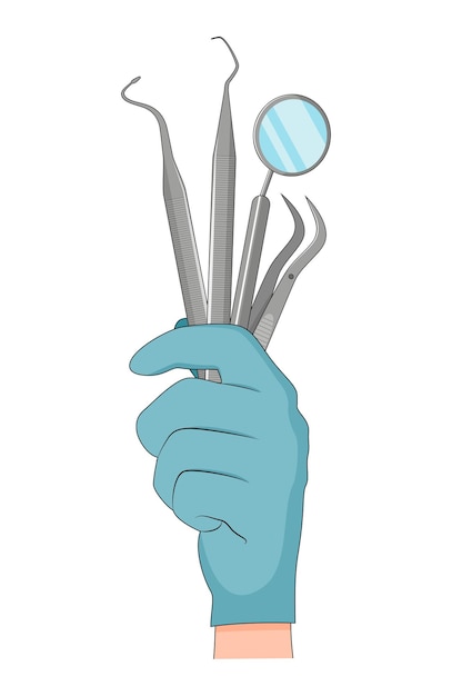 Vector a hand with a blue glove holds a dental tool.