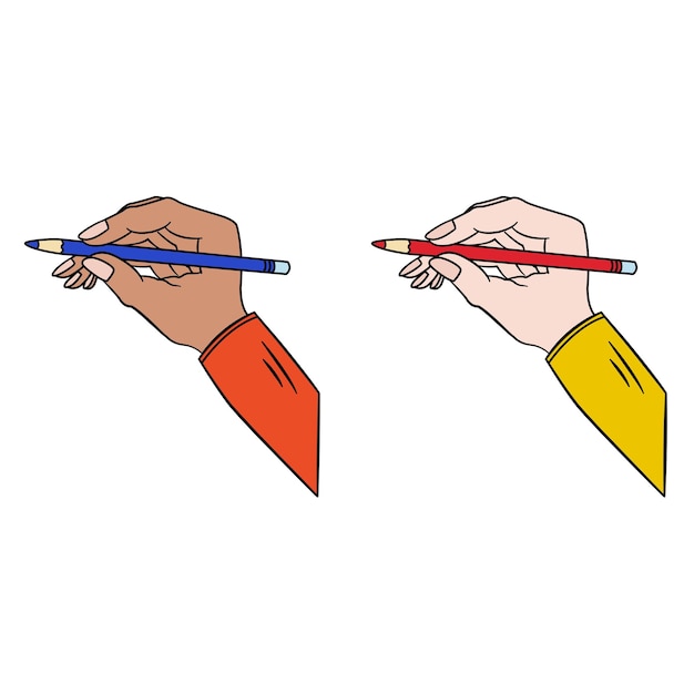 파란색과 빨간색 연필로 손
