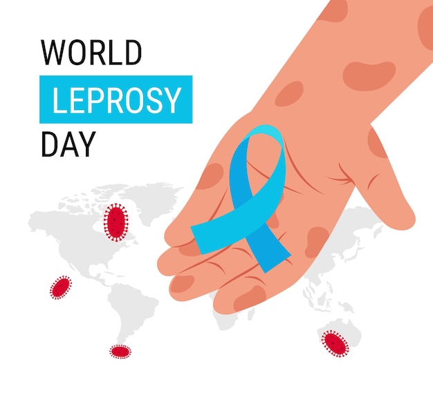 A hand with a blue ribbon that says world leprosy day