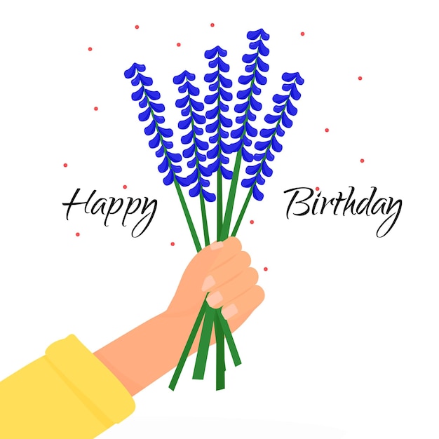 Hand with a bouquet of muscari flowers and a place for text Cute illustration design for birthday