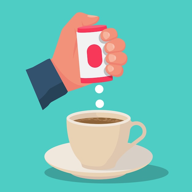 Vector hand with box sweetener tablets. cup of tea or coffee. artificial sugar. pills stevia fall into the drink. vector illustration flat design. isolated on background.