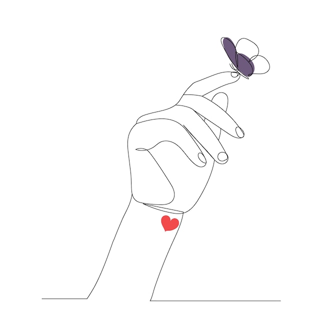 Hand with butterfly drawing by one continuous line sketch vector