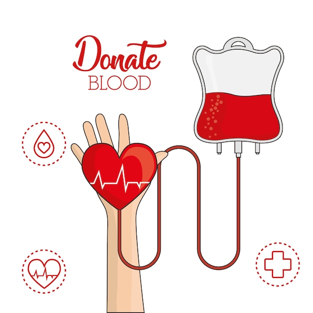 hand with cardio heart and blood bag icon