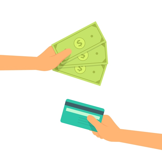 Vector hand with cash and credit card payment concepts