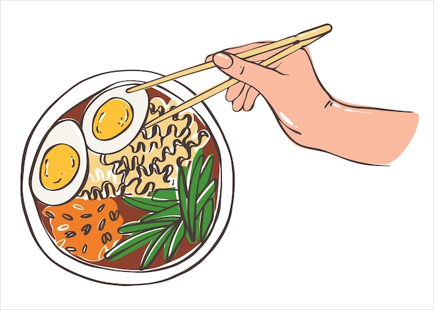 Рука с палочками для еды и супом Чан рамен Азиатская еда Здоровая пища Векторная иллюстрация для любого дизайна