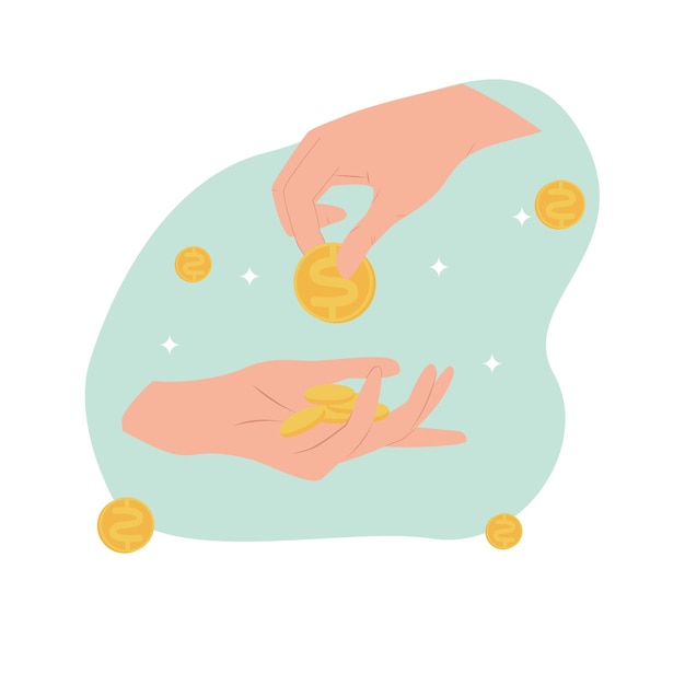 Hand with coin and hands with coins stack flat illustration