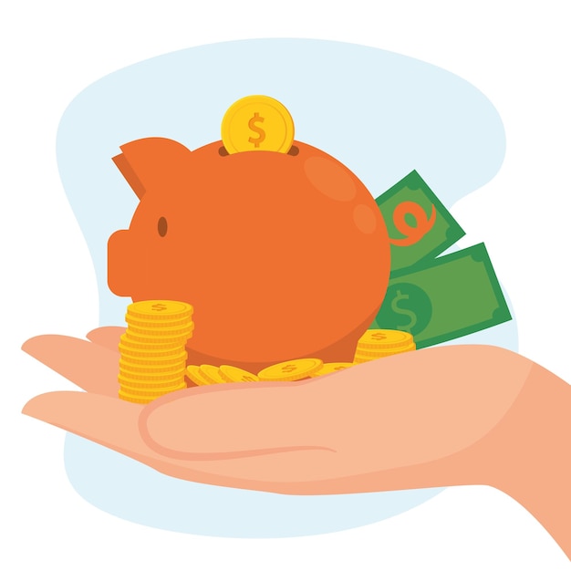 Hand with coins and a pig bank finance icon vector illustration