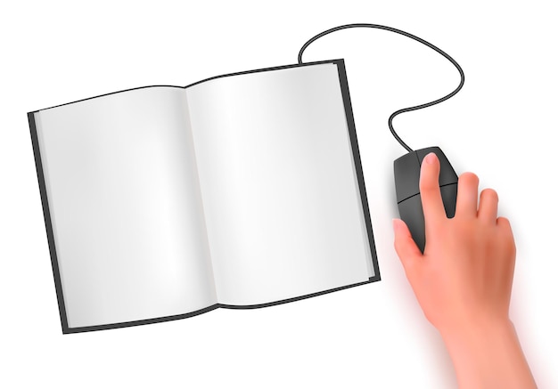 Hand with computer mouse and book Vector illustration