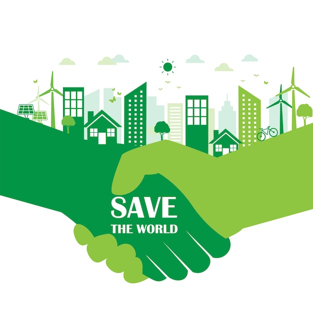 Рука с эко-городом спасет мир, экологию, устойчивое развитие, природу и зеленую энергию.