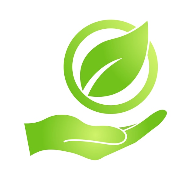 Hand with eco green leaf icon Bio nature green eco symbol for web and business. Simple flat illustration