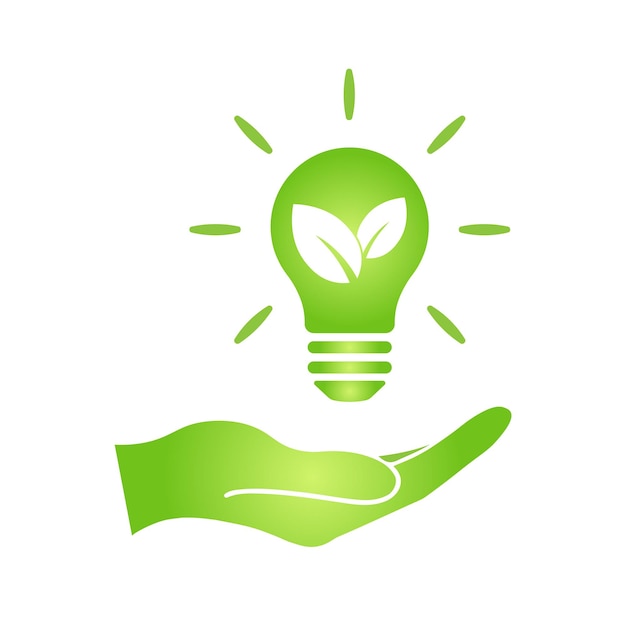 Hand with eco green leaf icon in light bulb Bio nature green eco symbol for web and business. Simple flat illustration