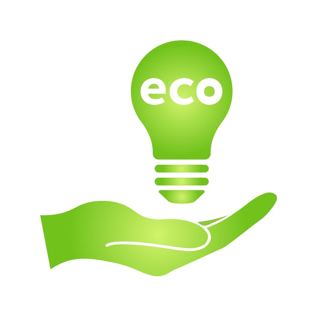 Mano con l'icona della foglia verde eco nella lampadina simbolo ecologico verde della natura biologica per il web e il business. semplice illustrazione piatta