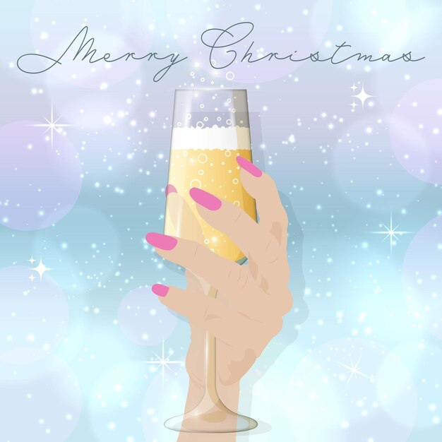 Vettore mano con un bicchiere di champagne buon natale illustrazione vettoriale