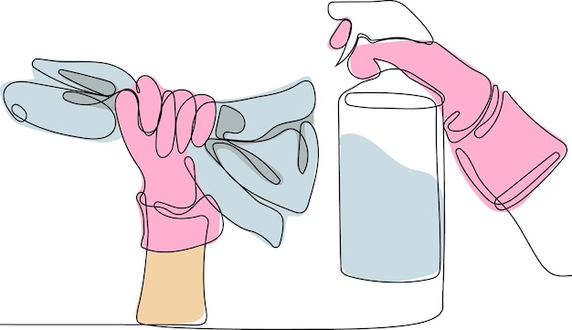 A hand with a glove and a bottle of cleaning liquid