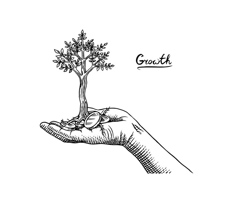 वेक्टर hand with holding golden coins stack with growth tree for business investment money plant growth