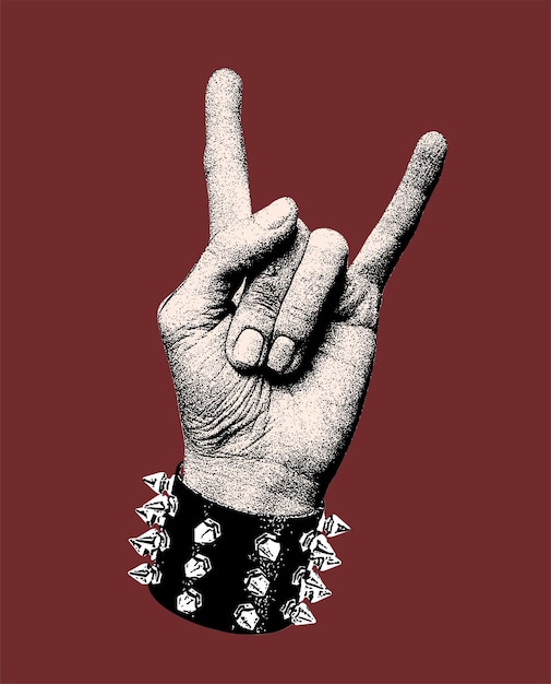 A hand with horns and a red background with the word rock on it.