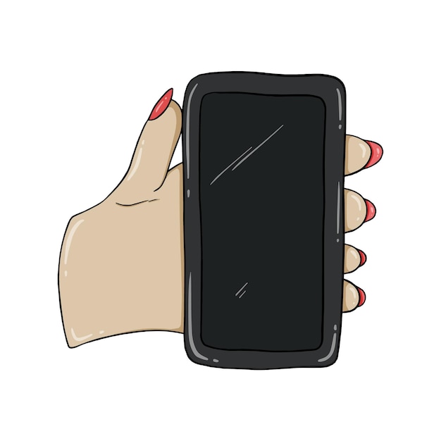 Vector hand with long nails holding mobile phone cellular communication technology man doodle linear cartoon coloring