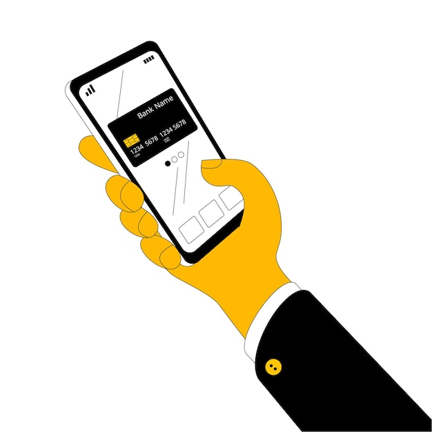 Vector hand with mobile phone payment by phone using a credit card