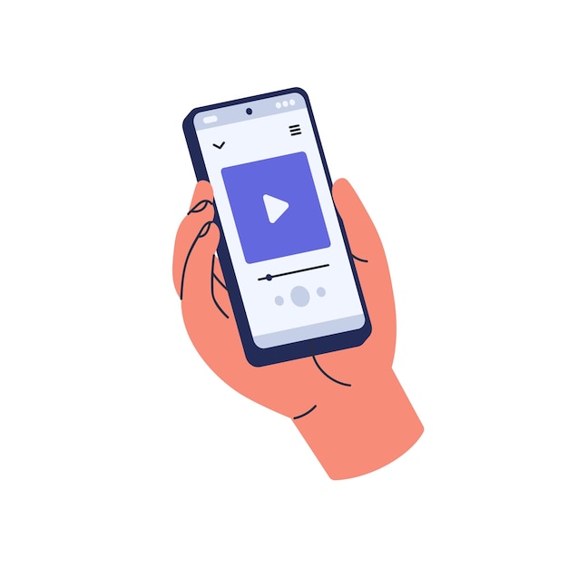 Mano con il telefono cellulare, utilizzando l'app per riprodurre musica, ascoltare e guardare video. tenendo smartphone, app lettore cellulare sullo schermo del telefono. illustrazione vettoriale piatta isolata su sfondo bianco.