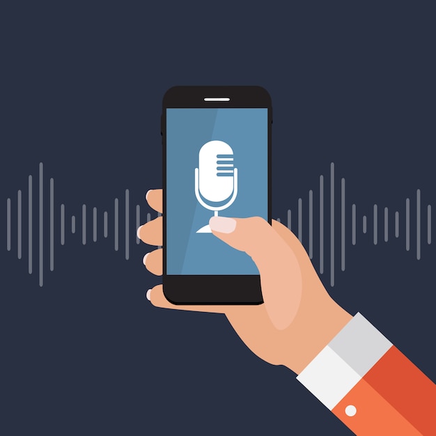hand with mobile phone with microphone button and intelligent technologies in flat style