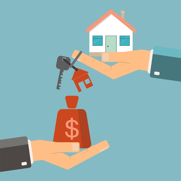Вектор Рука с деньгами и рука с домом и ключами продажа, аренда, аренда или концепция недвижимости векторная плоская иллюстрация
