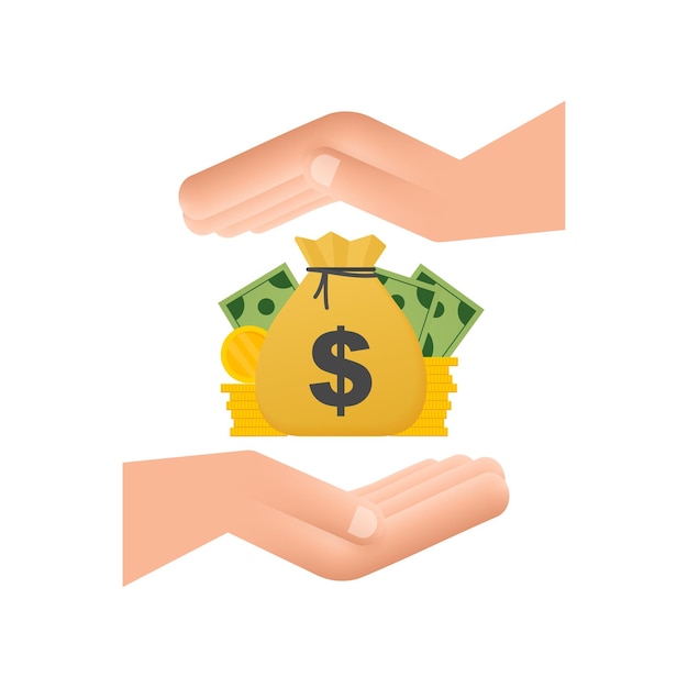 Hand with money bag bill and coin finance icons. business financial investment. vector background.