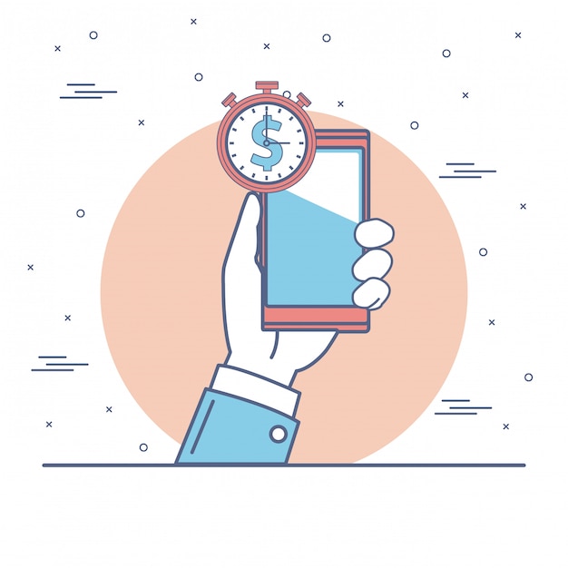 Hand with money clock on smartphone 