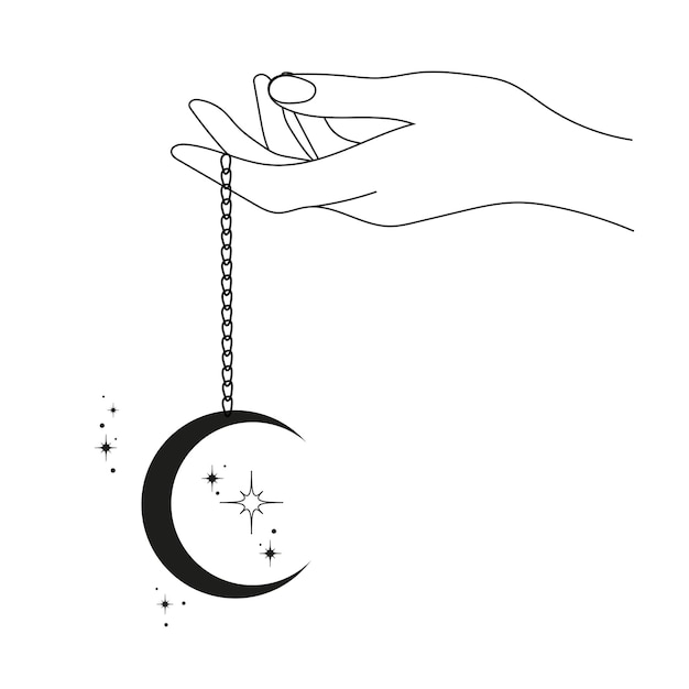 Hand with moon pendant on a chain and stars symbol for cosmetics jewelry logo tattoo Esoteric