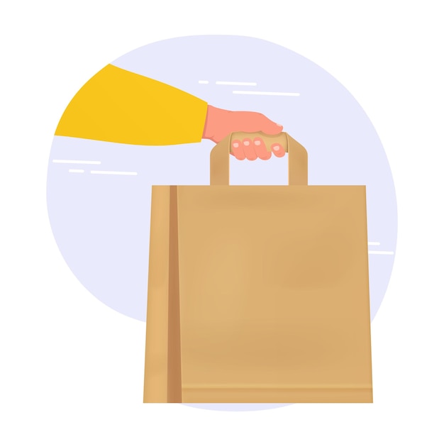 Hand with paper bag, safe and clean food delivery from restaurant store to home. Delivery concept.