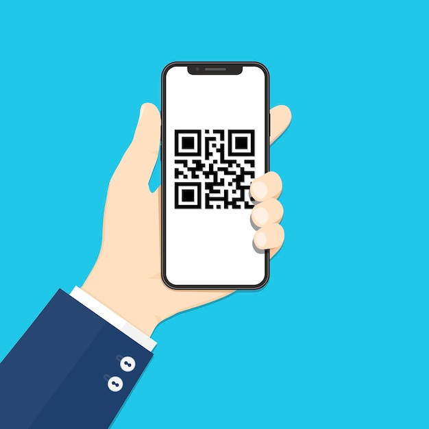 Mano con codice qr per la scansione del telefono illustrazione in stile piatto