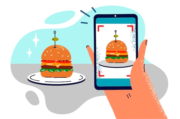 Vector hand with phone taking photo of hamburger on plate to share snapshot of lunch on social networks