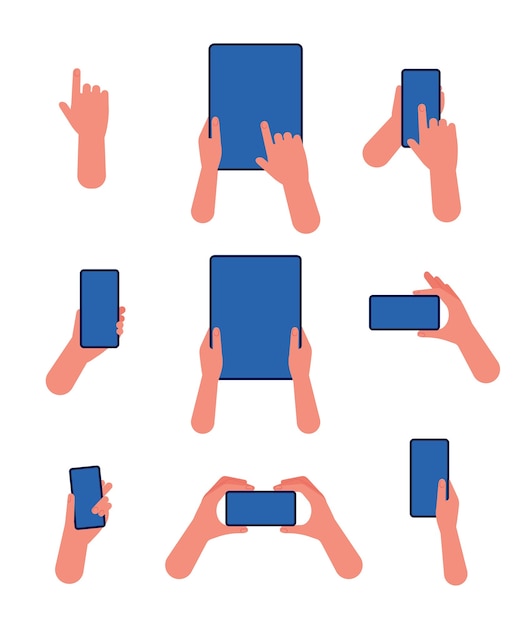 Vector hand with phone. touch screen tablet and smartphone in hand pointing gestures using application modern device  flat