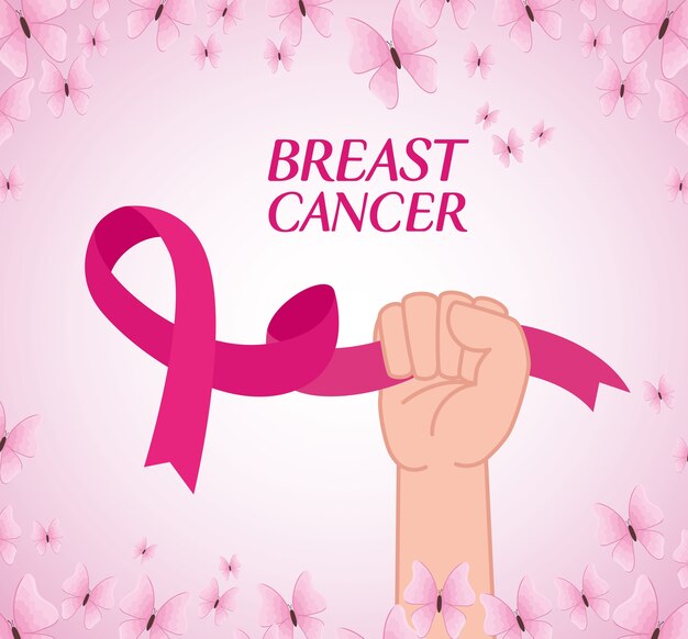 Mano con nastro rosa, simbolo del mese mondiale di consapevolezza del cancro al seno con decorazione di farfalle