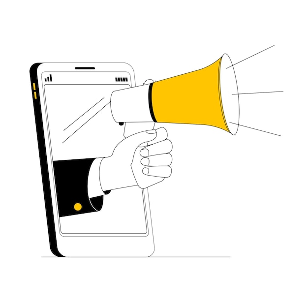 A hand with a screaming megaphone sticks out of a smartphone.