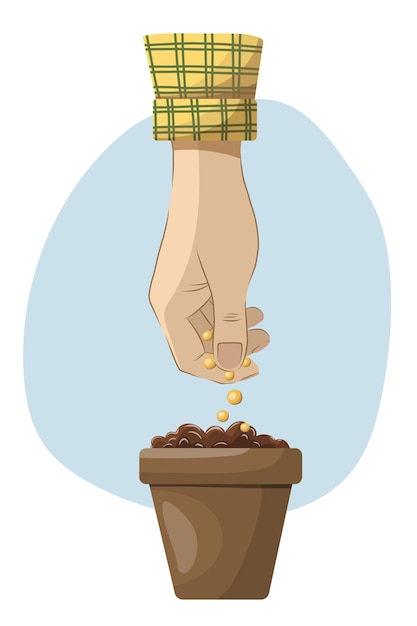 Vector hand with seeds a man plants seeds in a seedling pot gardening plant growing